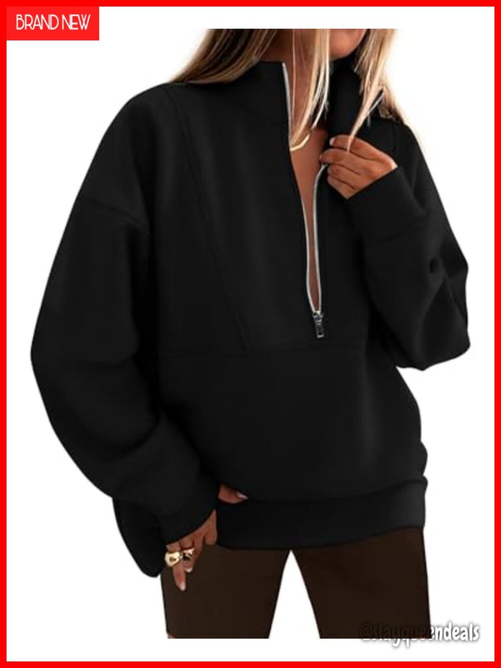 Oversized Half Zip Sweatshirt Cotton Blend Fleece Lined Mock Neck Pullover Women